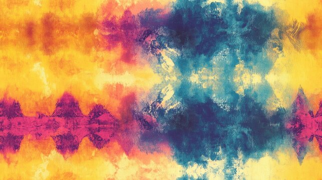 Vibrant seamless tye dye pattern with yellow decorative silk and distressed drawing elements ideal for textile design and art projects