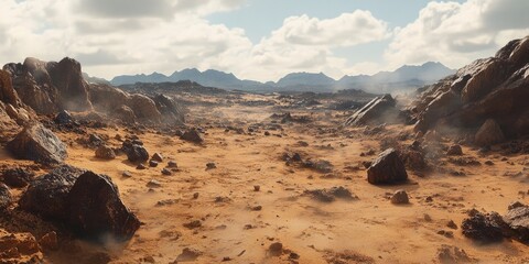 A parched landscape of dusty earth scattered with rocks extends across the view, showcasing the rugged essence of a dry desert passage rich in arid features.