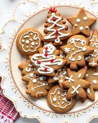 A plate of beautifully decorated gingerbread cookies shaped like trees and stars, perfect for the holiday season.
