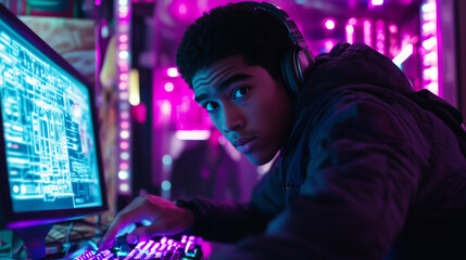Obraz premium Focused Gamer Immersed in Neon Cyberpunk Gaming Setup