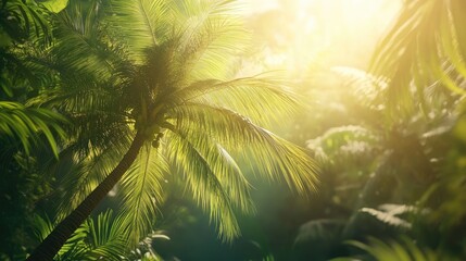 Fototapeta premium A tropical coconut palm tree gently sways under the sunlight, creating a serene atmosphere. This tropical coconut palm tree adds a vibrant touch to any scene, with ample copy space available.