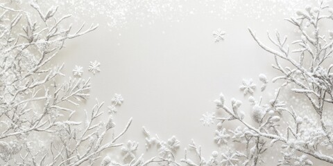 Obraz premium A soft, snowy white backdrop creates a gentle holiday atmosphere. Snowflakes elegantly outline a festive greeting card, showcasing a shimmering textured snow design.