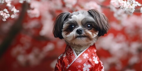 A lovely Shih Tzu dog is dressed in a striking red outfit inspired by traditional Japanese fashion, showcasing its charm and elegance in a vibrant way.