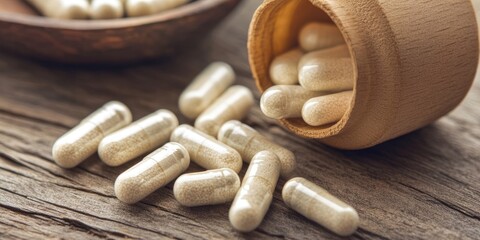 Capsules of nutritional supplements and vitamins support better gut health. There is an exploration of probiotics in capsule format, next to an unmarked open package.