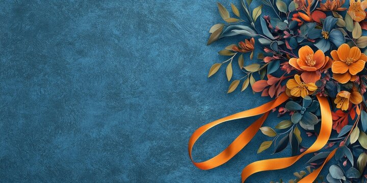 Yom Kippur celebration highlighted by a floral and ribbon backdrop on textured blue. House of Justice for Rosh Hashanah. Jewish New Year translation. Rosh Hashanah festivity card.