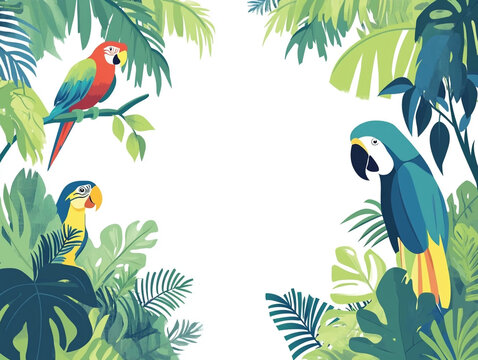 A colorful parrot is perched on a leafy green tree. A large empty space in the center is for text. 