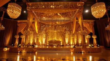 Obraz premium A lavish gold stage adorned with dazzling glitter lights and luxurious decorations