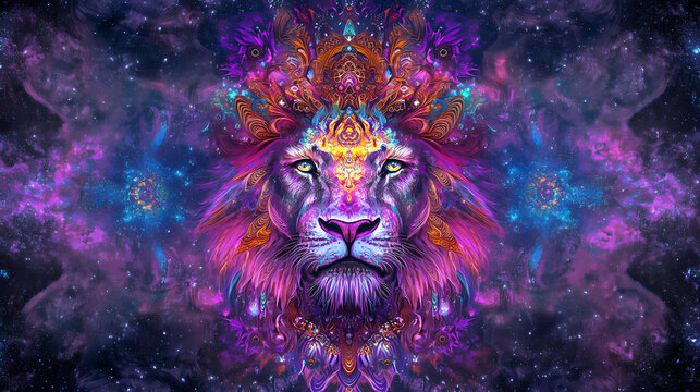 Psychedelic lion head with symmetrical mandala shapes, a mystical emblem for shamanic guidance. Cosmic. Illustration