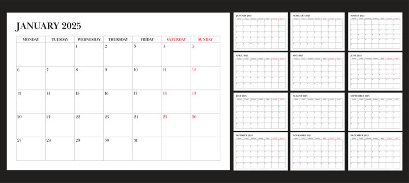 calendar 2025 all month monday start