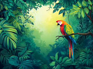 A colorful parrot is perched on a leafy green tree. A large empty space in the center is for text. 