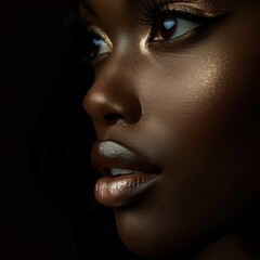 Closeup portrait of beautiful African American woman with golden make up, Ai Generated