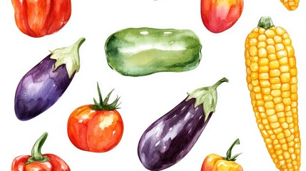 Watercolor seamless pattern featuring vibrant vegetables including corn pepper tomato eggplant and carrot perfect for textile design or kitchen decor
