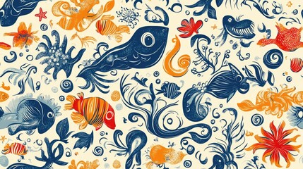 Fototapeta premium Seamless hand drawn marine pattern featuring whimsical sea creatures and ocean elements ideal for fabric design or wallpaper applications