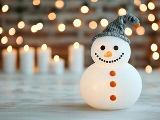 Obraz premium A cheerful snowman with a gray hat and a smile, positioned in front of warm, glowing lights, enhances the cozy winter atmosphere.