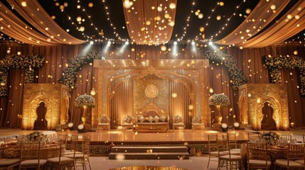 Obraz premium A lavish gold stage adorned with dazzling glitter lights and luxurious decorations