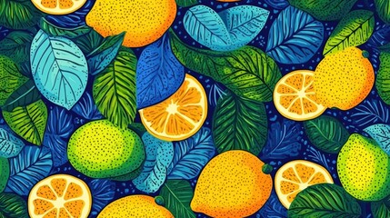 Seamless pattern of vibrant lemons and limes surrounded by playful cartoon leaves ideal for fabric design or wallpaper citrus fruit illustration