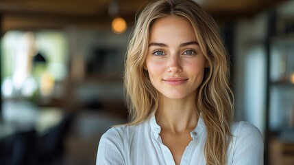 Naklejka premium Confident European woman real estate agent stands proudly inside a modern home, radiating expertise and approachability, ready to assist potential house buyers. 8k Resolution