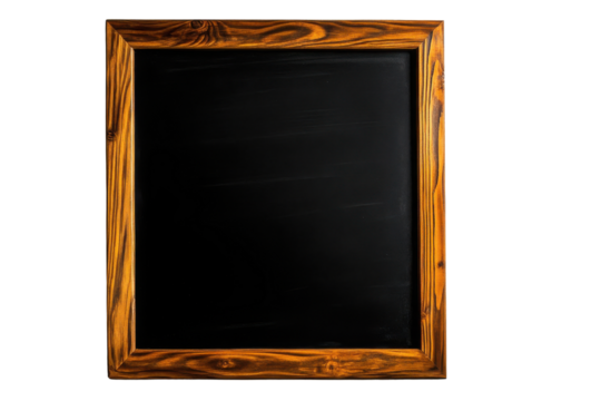 Rustic wooden frame with a black chalkboard surface, perfect for creative designs or announcements in home or office settings on white background, PNG transparent.