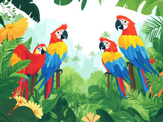 Fototapeta premium A colorful parrot is perched on a leafy green tree. A large empty space in the center is for text. 