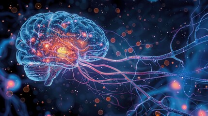 Obraz premium A scientific graphic of brain cell components, including soma, axon, and synapses