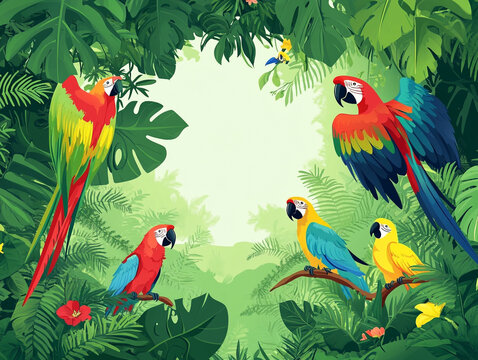 A colorful parrot is perched on a leafy green tree. A large empty space in the center is for text. 