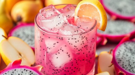 Refreshing dragon fruit lemonade with ice cubes and sliced lemons