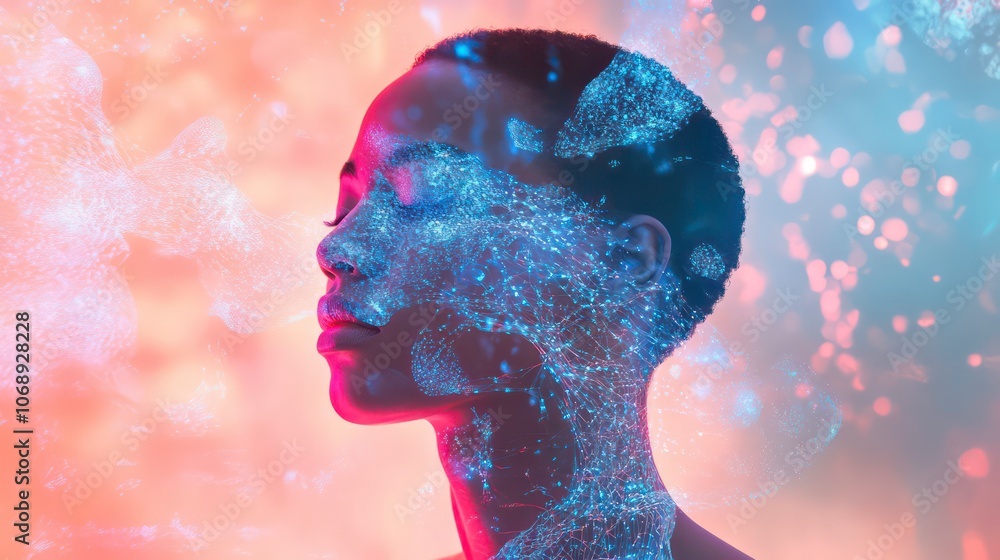 Aufkleber An abstract portrait of a person with abstract structures around the body, set against an abstract background with light, referencing future biotechnology