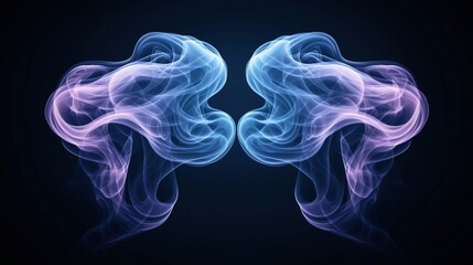 Symmetrical abstract smoke formations with blue and purple hues on a dark background resembling mirrored patterns