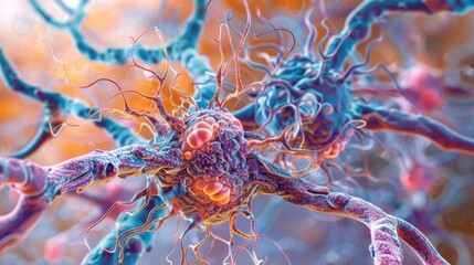 A scientific graphic of brain cell components, including soma, axon, and synapses