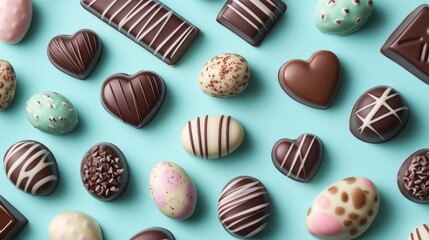 Assorted chocolate and easter egg patterns on turquoise background