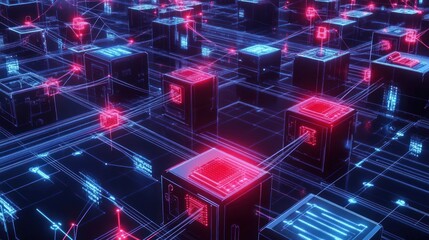 Obraz premium A digital network of interconnected nodes and circuits illuminated in vibrant red and blue hues.