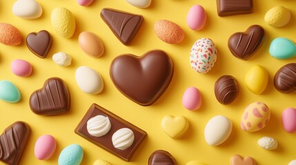 Fototapeta premium Assorted chocolate and candy easter eggs on vibrant yellow background