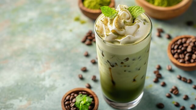 Refreshing iced matcha latte with whipped cream and coffee beans