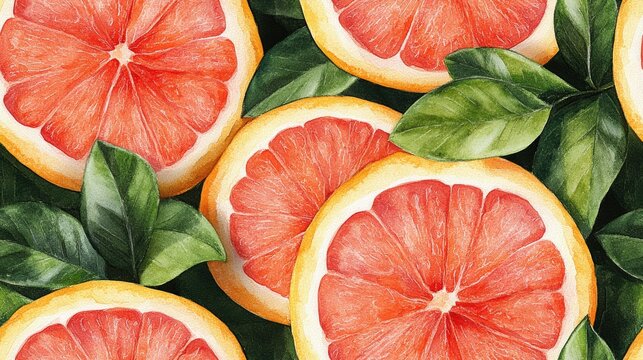 Seamless pattern featuring watercolor grapefruit slices with vibrant green leaves ideal for textile printing and home decor