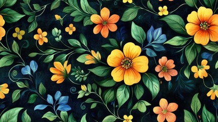 Seamless pattern of nature inspired scroll designs featuring vibrant watercolor floral motifs for fabric and wallpaper design