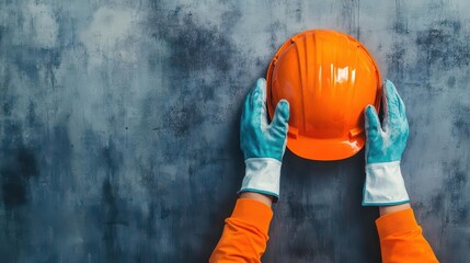 Fototapeta premium Watercolor image of hands in protective gloves holding a hard hat, symbolizing safety and unity on a construction site