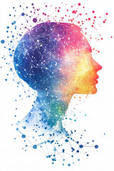 Futuristic Abstract Portrait with Neural Network Pattern and Vibrant Colorful Dots Representing Technology, Data, and Digital Connections