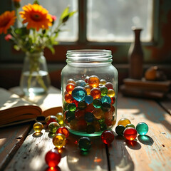 glass jar with marbles