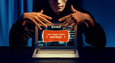 Criminal anonymous mask successful making password encryption by programming hack on laptop of...