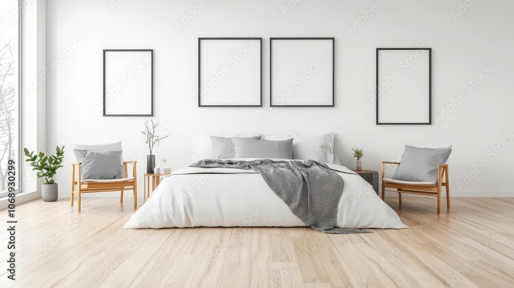 Poster create stunning mockups of minimal frames in a modern bedroom setting for maximum aesthetic appeal