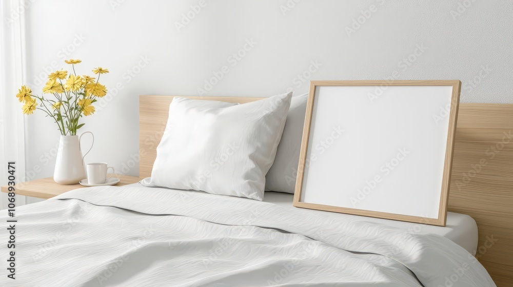 Poster create a minimalist mockup for modern bedroom decor featuring blank frames and soft textiles