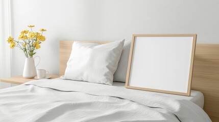 Create a minimalist mockup for modern bedroom decor featuring blank frames and soft textiles