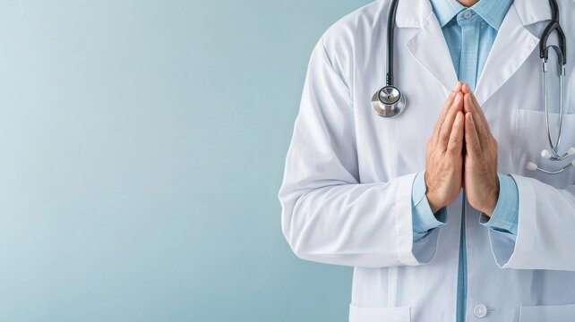A healthcare professional in a white coat with clasped hands, suggesting gratitude or prayer against a soft blue background.