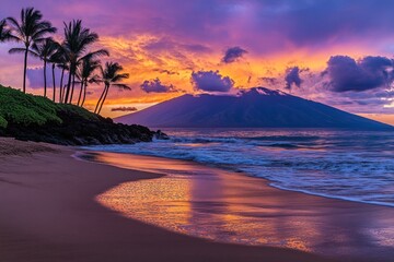 A serene beach at sunset with palm trees and a mountain backdrop.