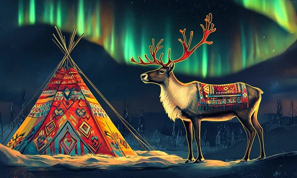 Majestic Reindeer Beside Colorful Teepee Under Northern Lights Sky in Winter Wonderland