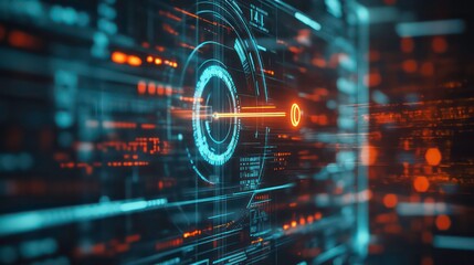 Abstract digital interface with glowing elements and data streams.