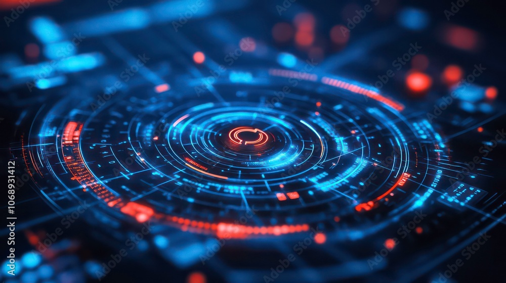 Poster Abstract digital interface with glowing circular patterns and data visualization elements.