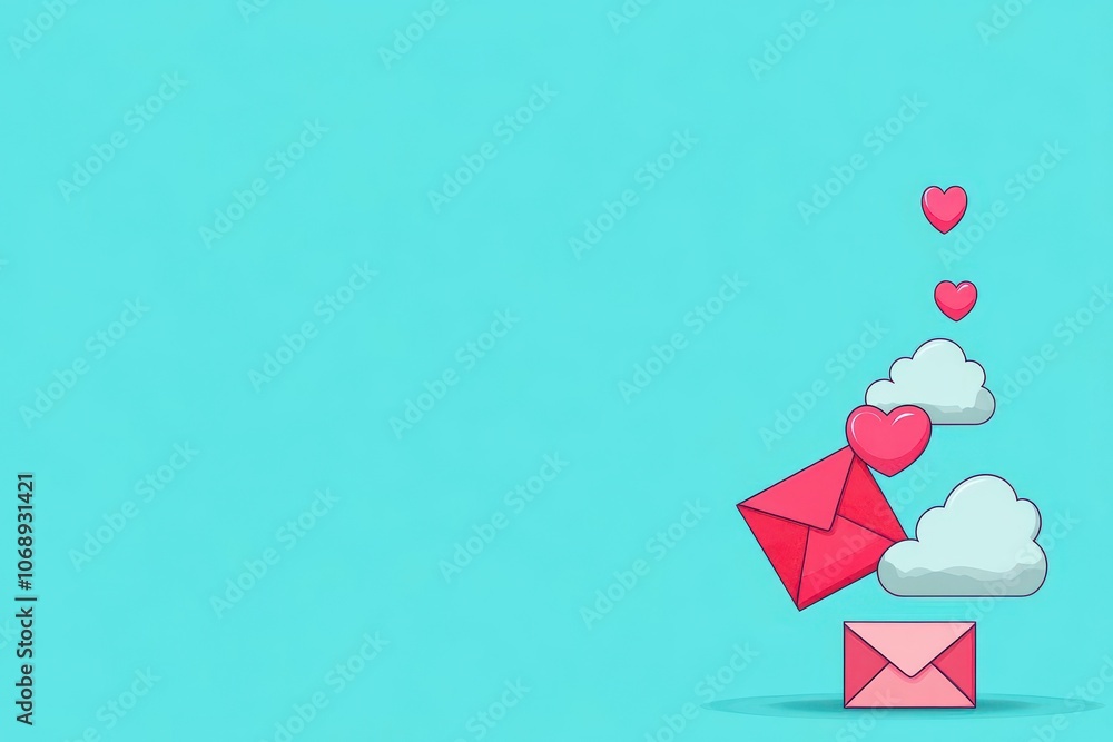 Poster love letters written in clouds flat design side view sky theme cartoon drawing complementary color s