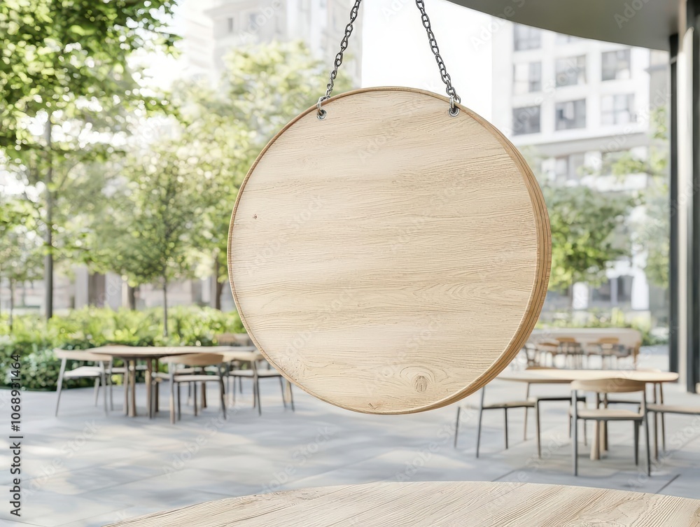 Poster create a minimalist mockup of a round hanging signboard for outdoor spaces