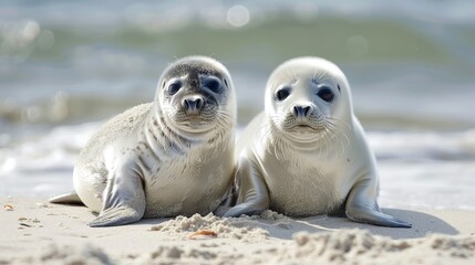 Naklejka premium Grey seals (Halichoerus grypus), baby with dam at the beach, Island of Dune